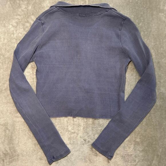 Brandy Melville Crop Shirt Women One Size Blue Collared Buttons Preppy Academia - Picture 3 of 9